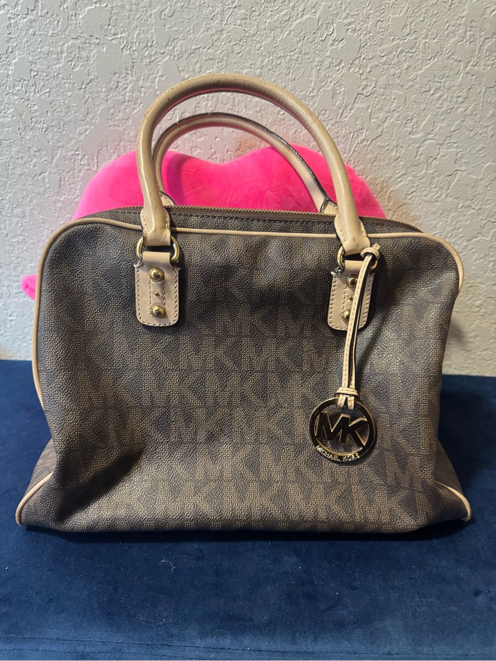 Michael Kors Brown Logo Satchel with Beige Trim and MK Charm (Barely used)
